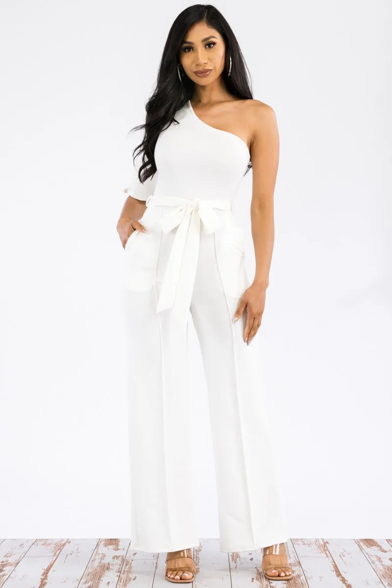 HH667X-SOLID -  ONE SHOULDER JUMPSUIT