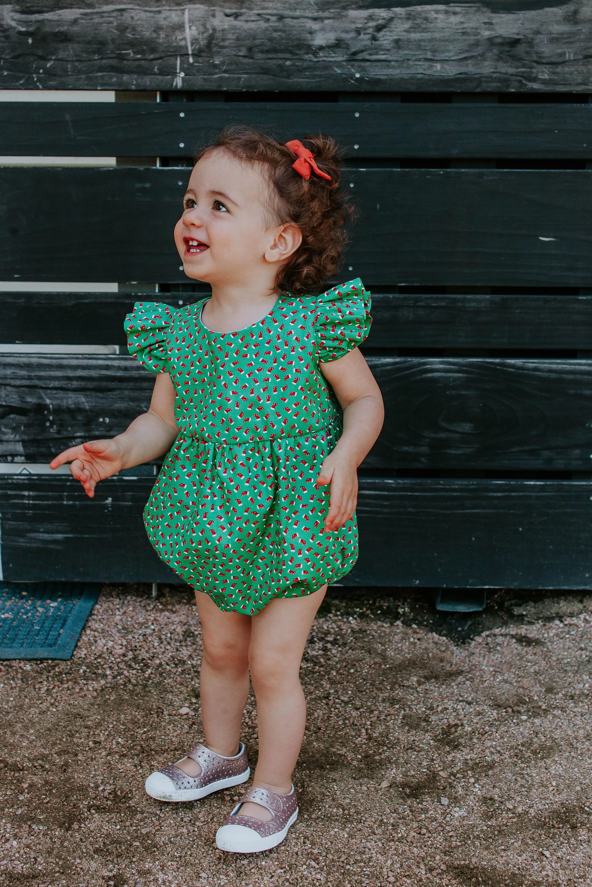 Infant Girl's Red and Green Santa's Stocking Print Bubble Romper