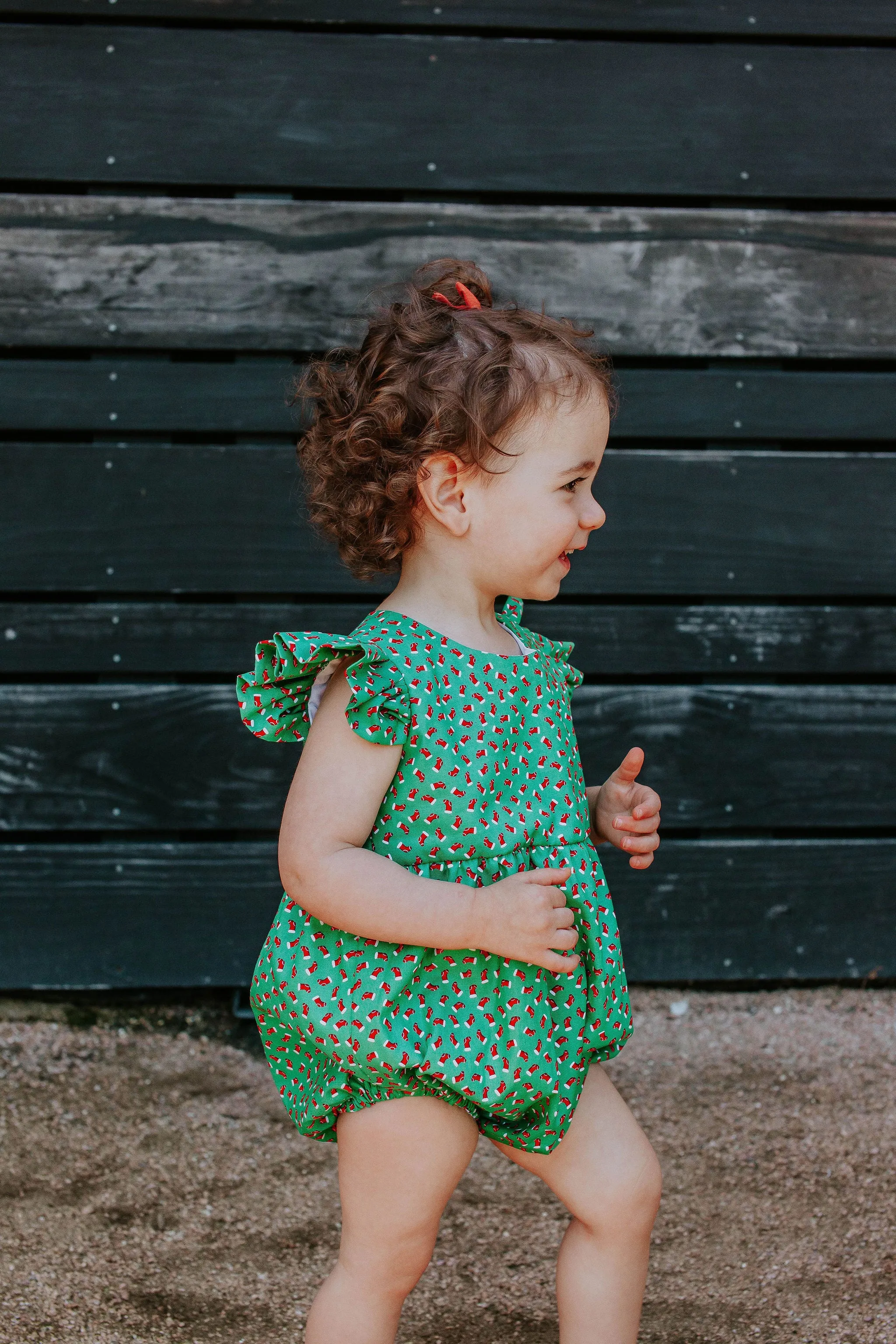 Infant Girl's Red and Green Santa's Stocking Print Bubble Romper