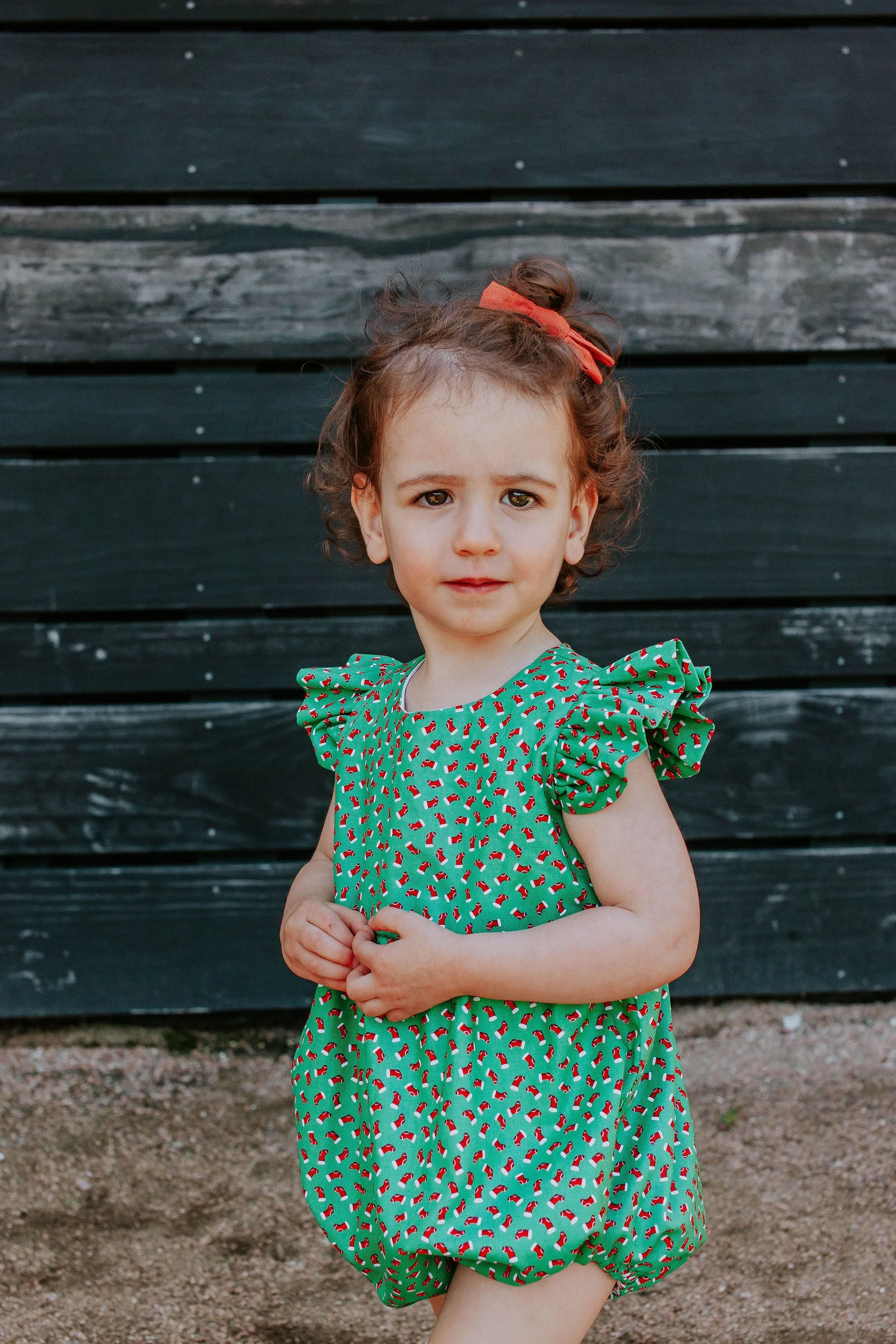 Infant Girl's Red and Green Santa's Stocking Print Bubble Romper