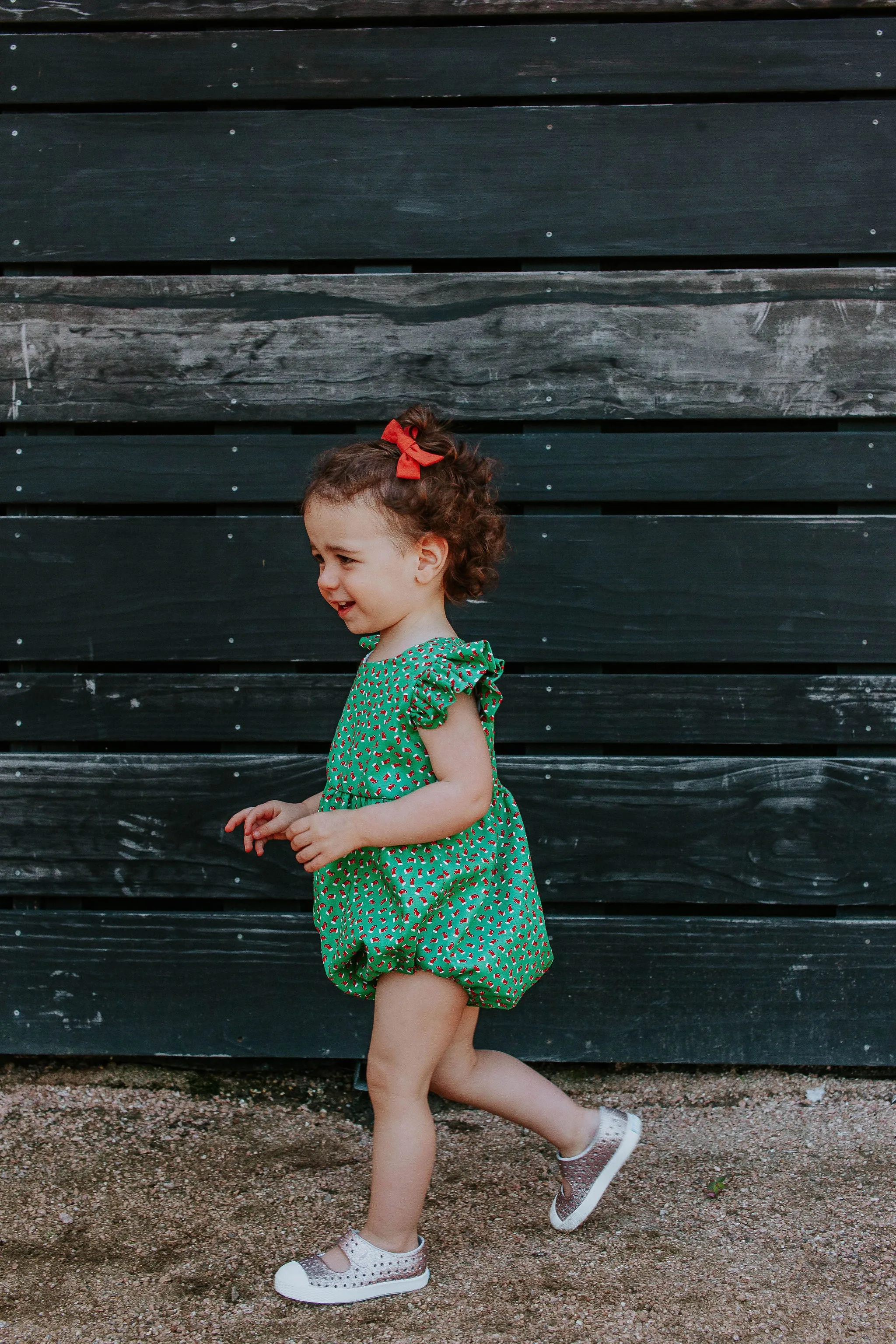 Infant Girl's Red and Green Santa's Stocking Print Bubble Romper