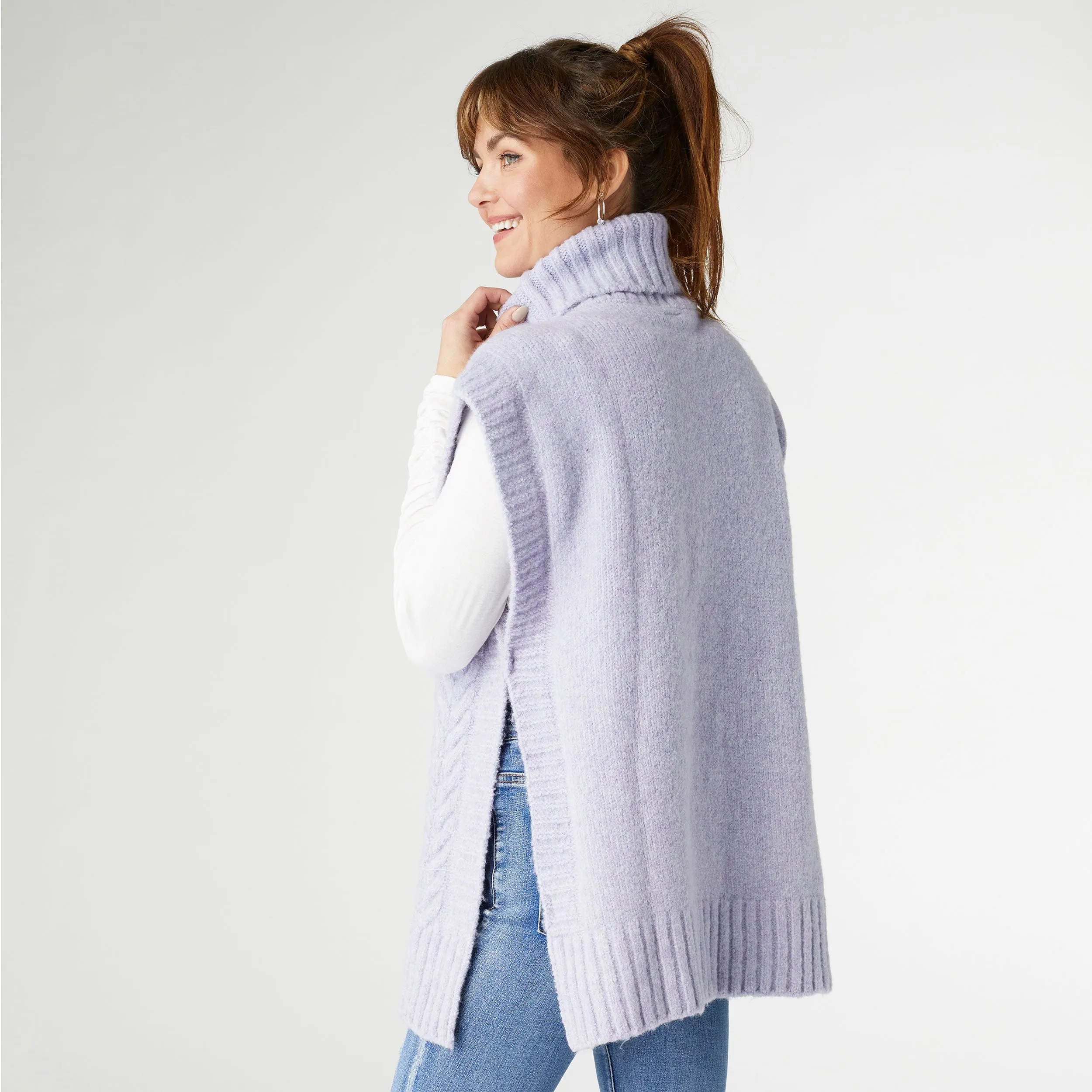 Iris Turtleneck Cable Knit Vest - Lavender Heather