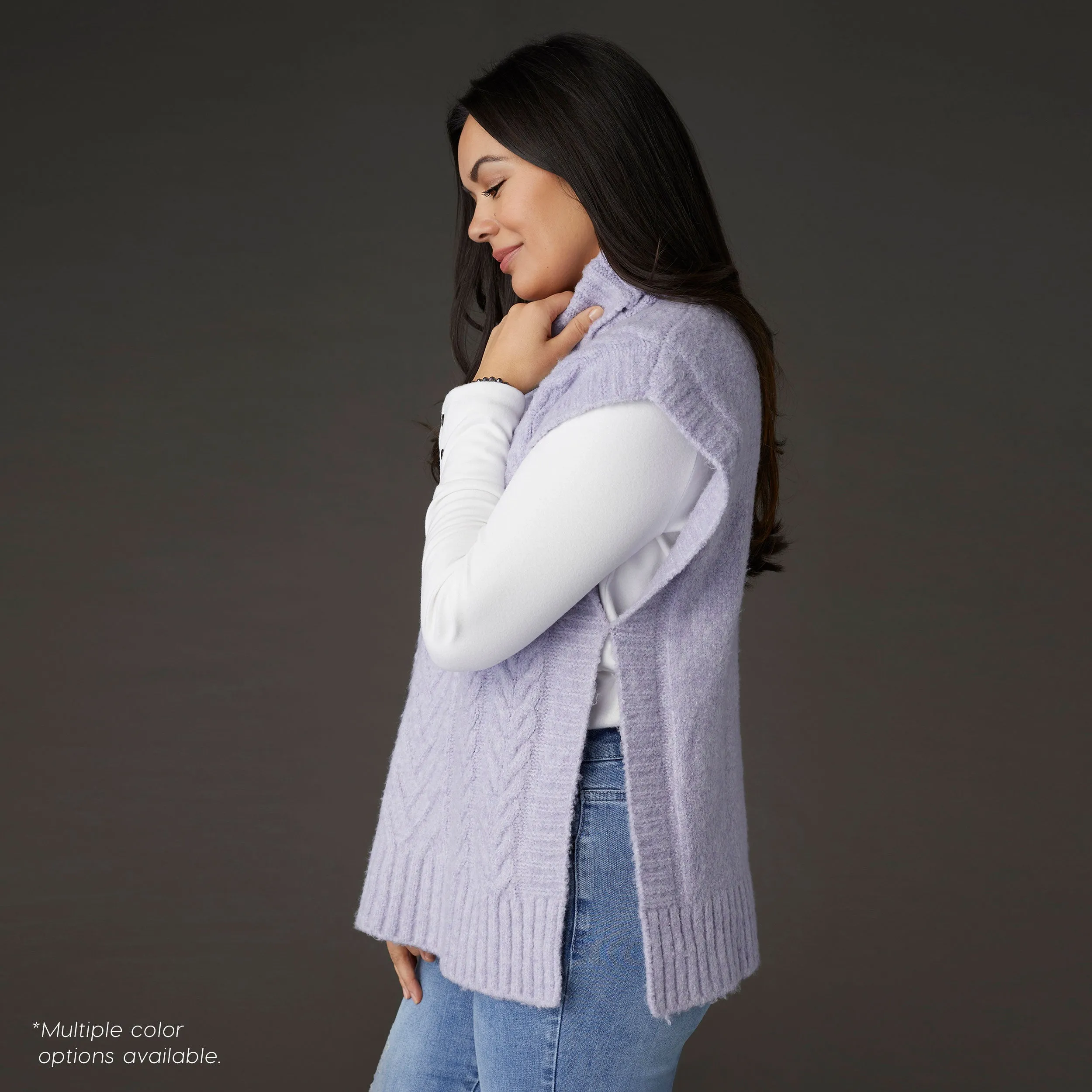 Iris Turtleneck Cable Knit Vest - Lavender Heather