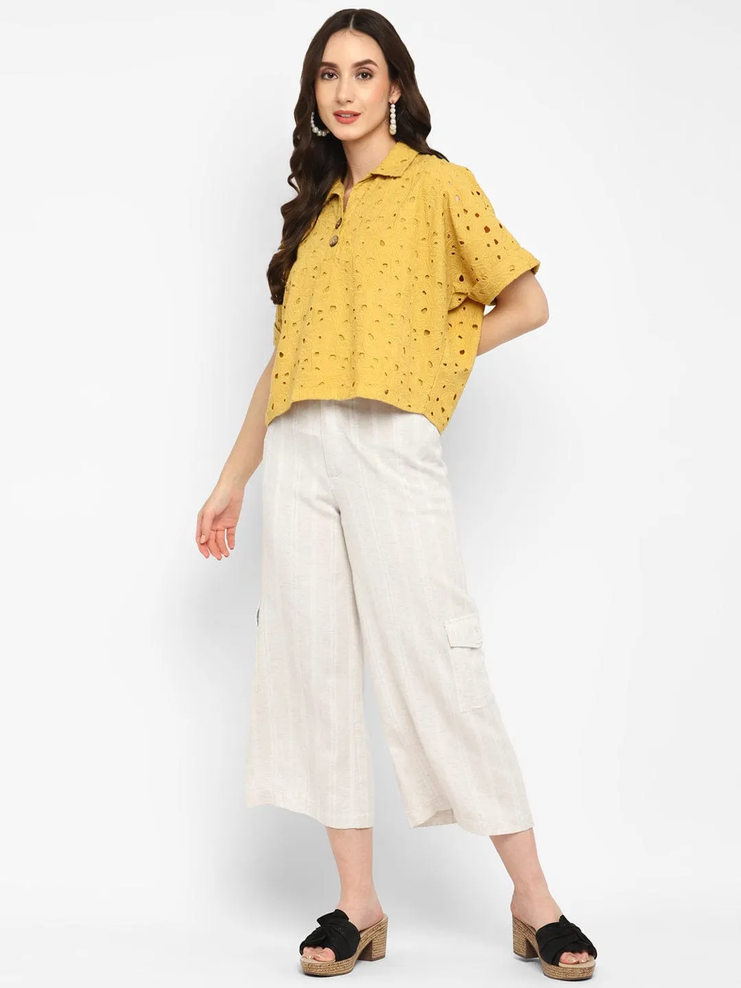 Ivory Self- Design Linen Culottes