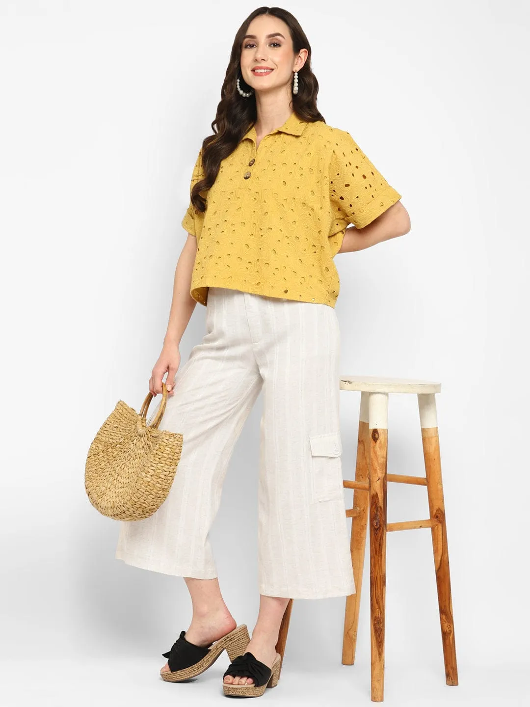 Ivory Self- Design Linen Culottes