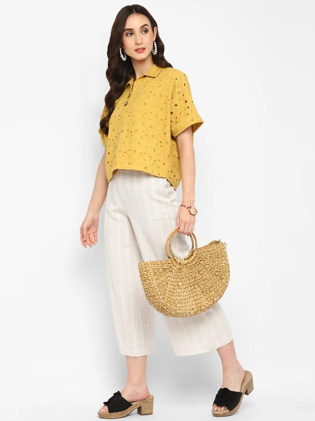 Ivory Self- Design Linen Culottes