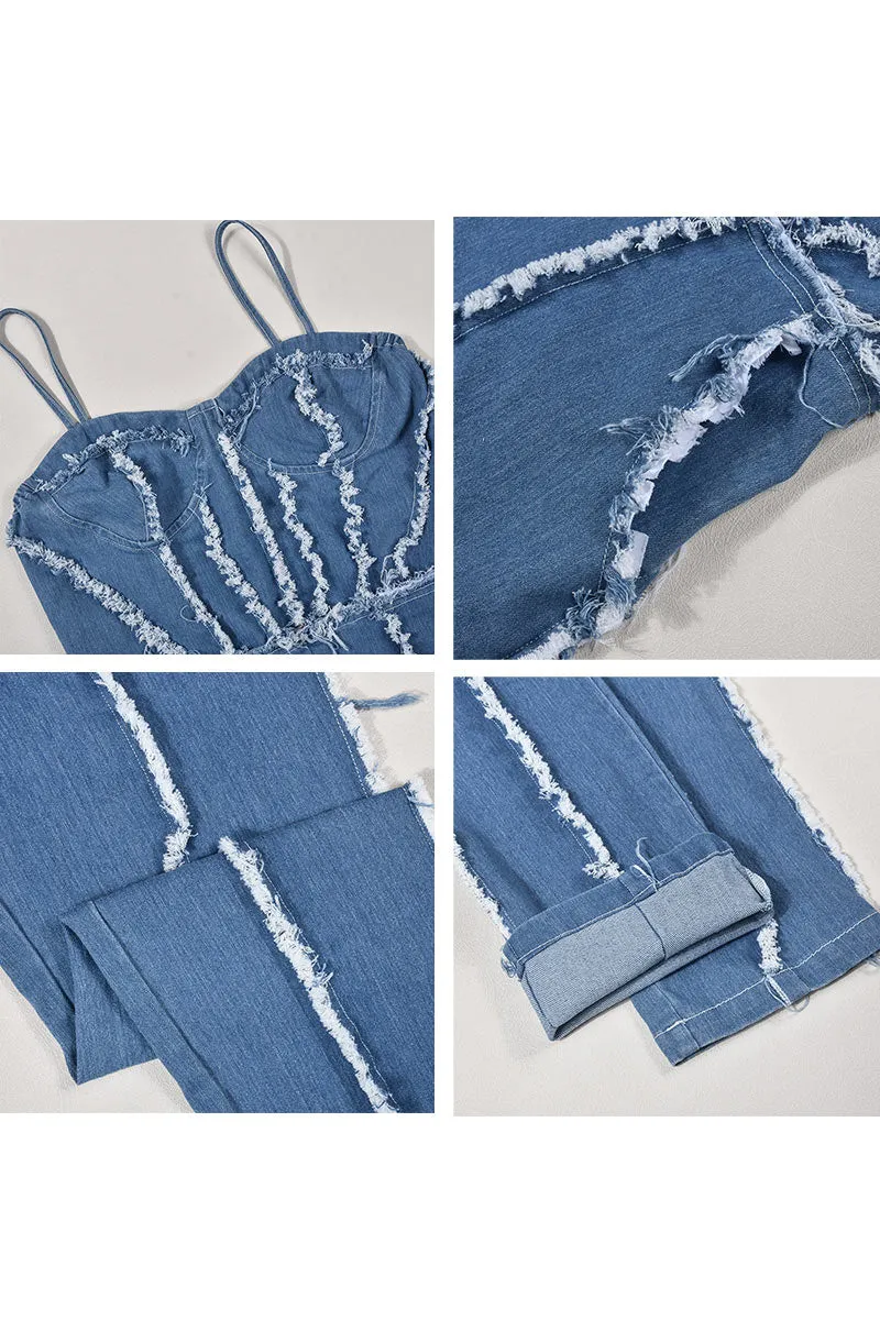 JF818 Fringe Denim Jumpsuit