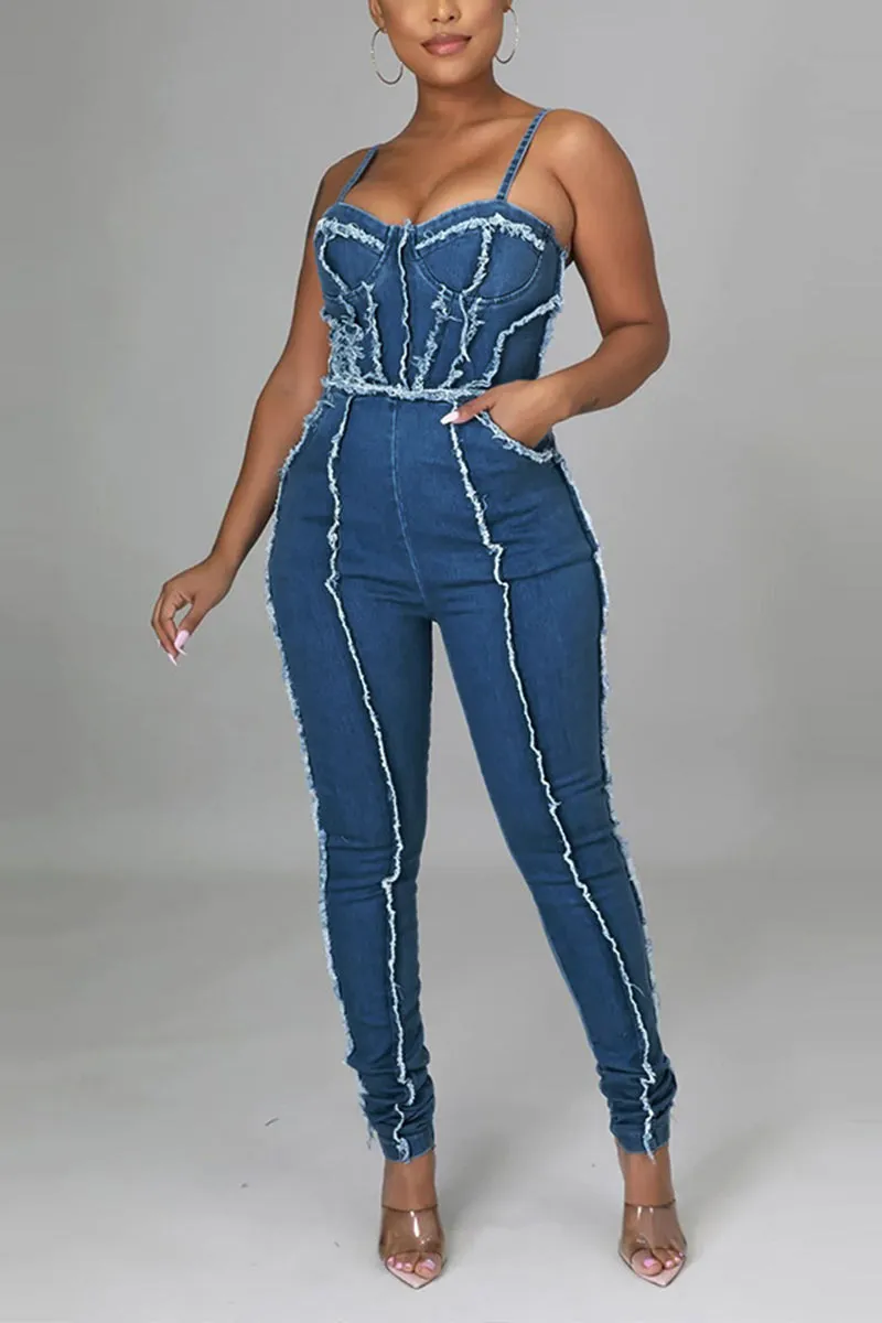 JF818 Fringe Denim Jumpsuit