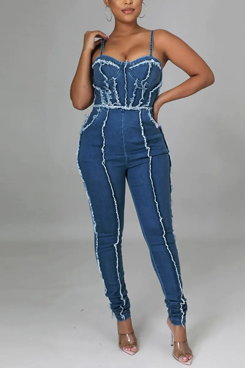 JF818 Fringe Denim Jumpsuit