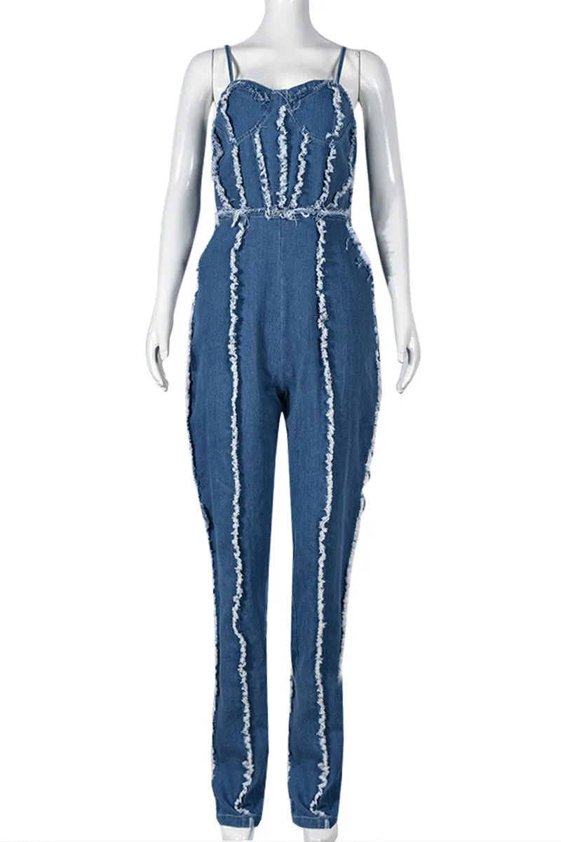 JF818 Fringe Denim Jumpsuit