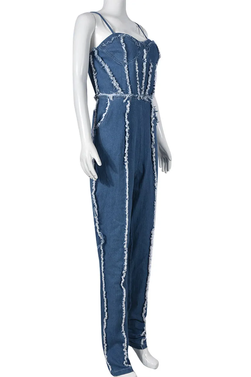 JF818 Fringe Denim Jumpsuit