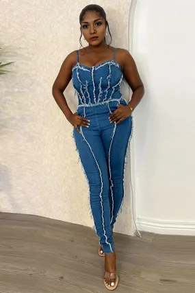 JF818 Fringe Denim Jumpsuit