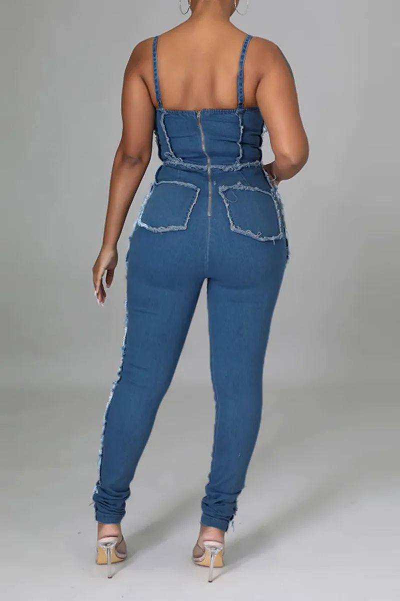 JF818 Fringe Denim Jumpsuit