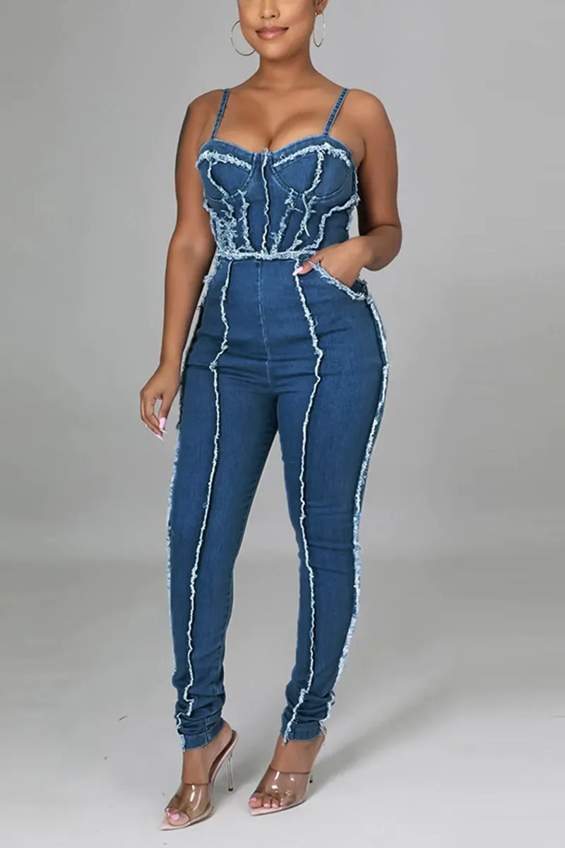 JF818 Fringe Denim Jumpsuit