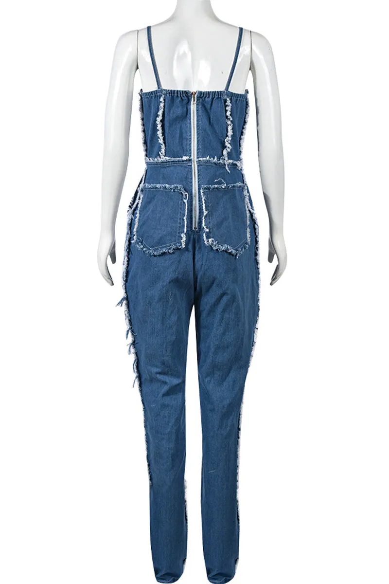 JF818 Fringe Denim Jumpsuit