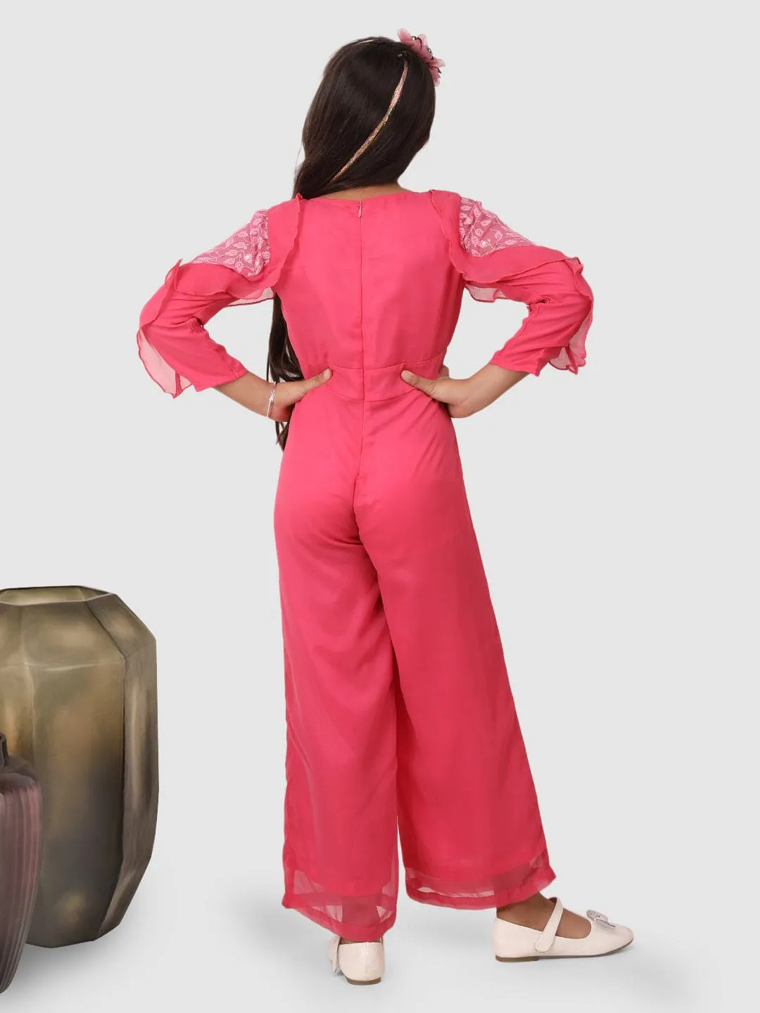 Jumpsuit with ruffel net sleeves Pink