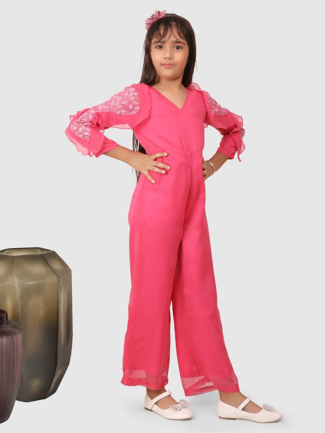 Jumpsuit with ruffel net sleeves Pink