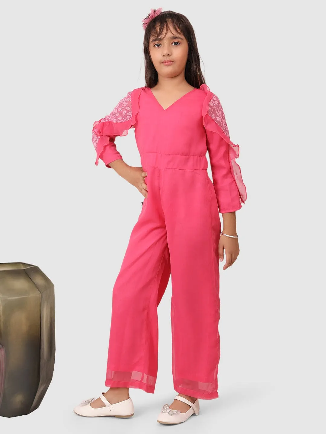 Jumpsuit with ruffel net sleeves Pink