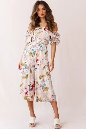 Keeper Off-Shoulder Culotte Jumpsuit Floral Print Mocha