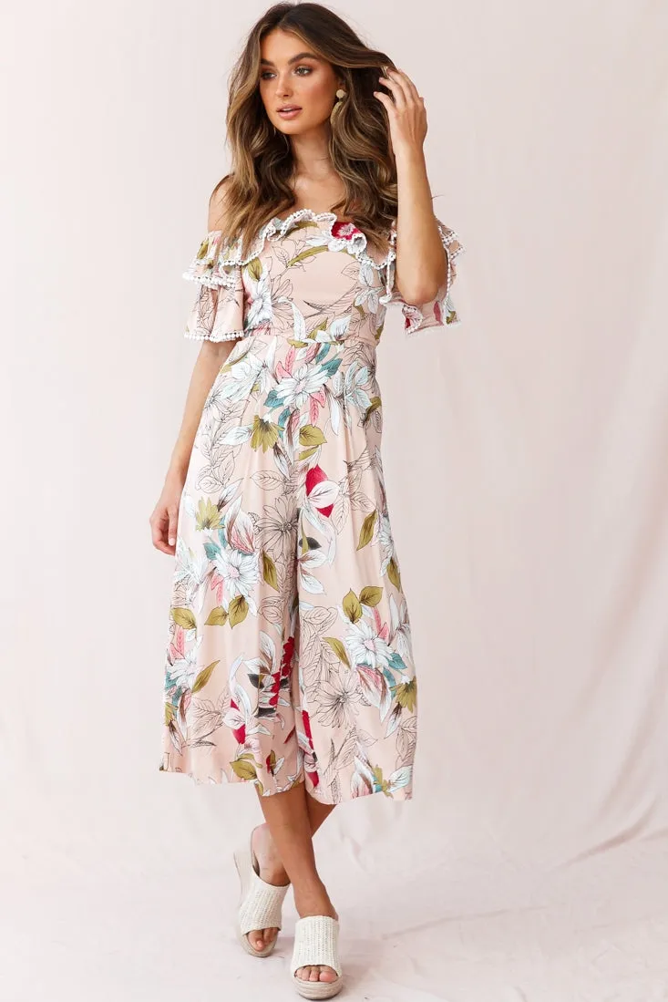 Keeper Off-Shoulder Culotte Jumpsuit Floral Print Mocha