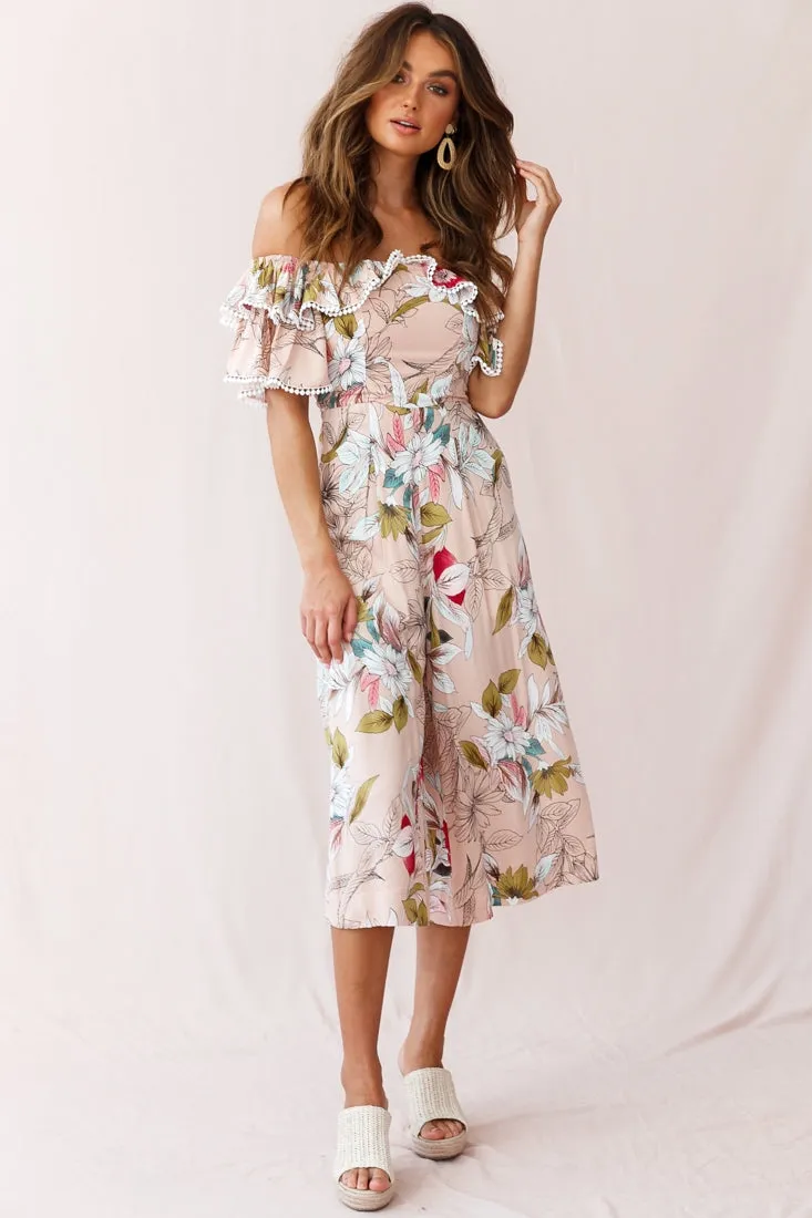 Keeper Off-Shoulder Culotte Jumpsuit Floral Print Mocha