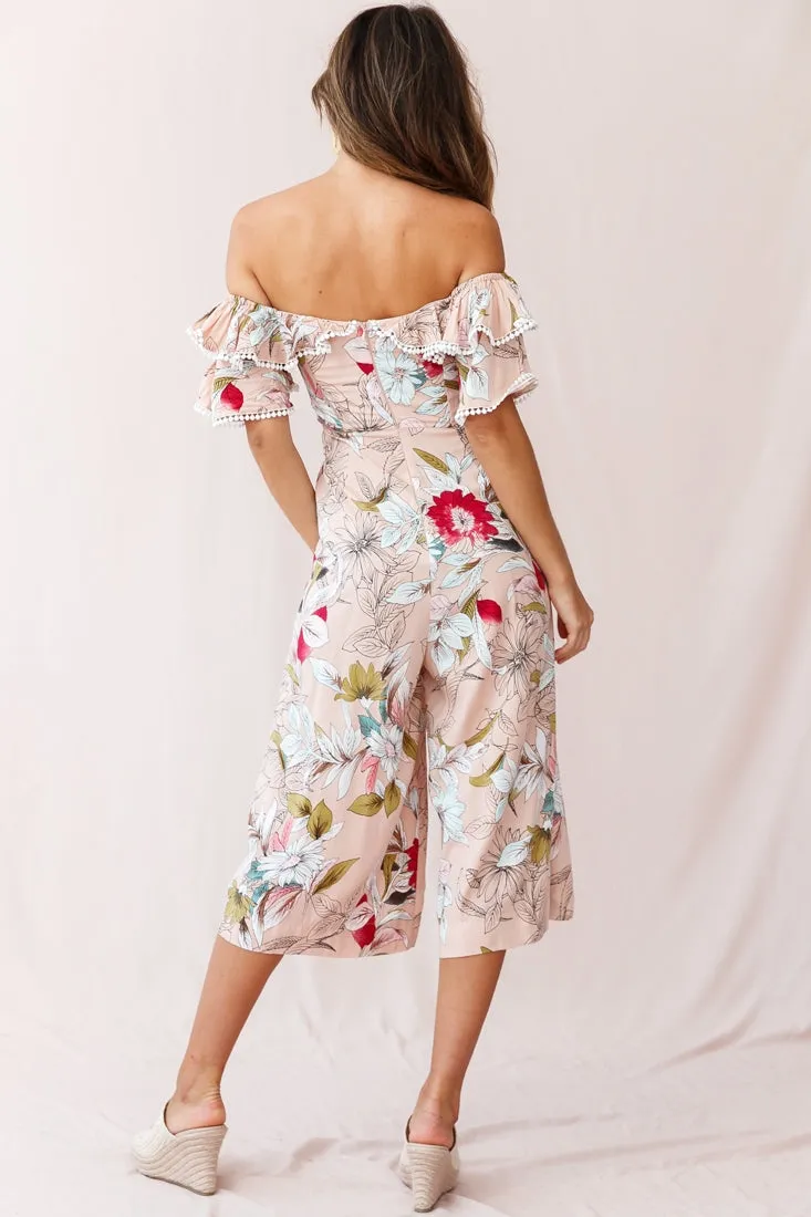 Keeper Off-Shoulder Culotte Jumpsuit Floral Print Mocha