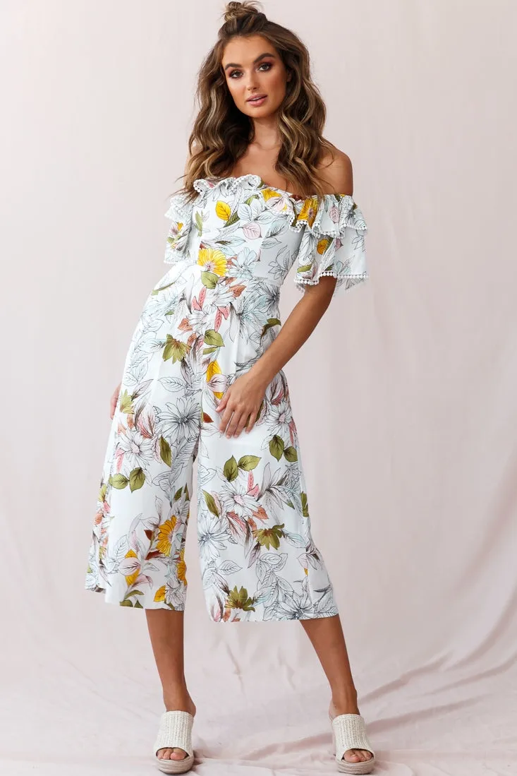 Keeper Off-Shoulder Culotte Jumpsuit Floral Print White