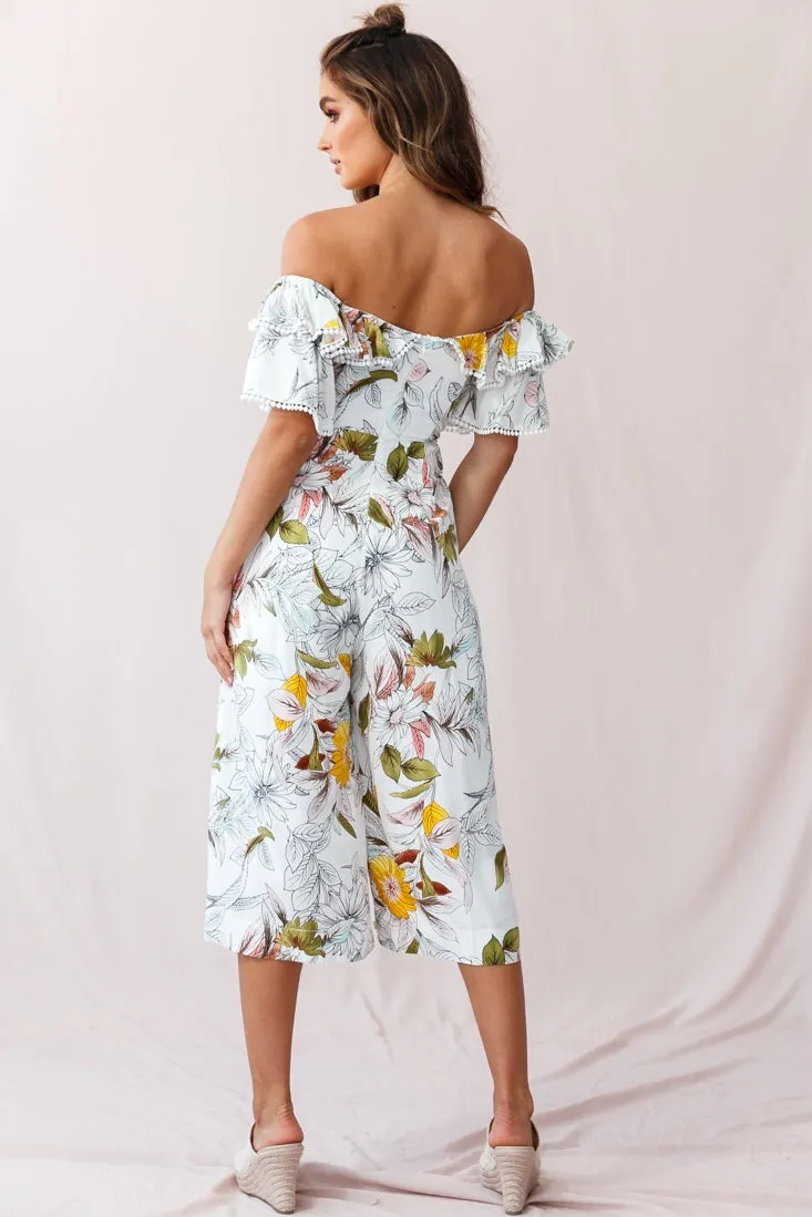 Keeper Off-Shoulder Culotte Jumpsuit Floral Print White