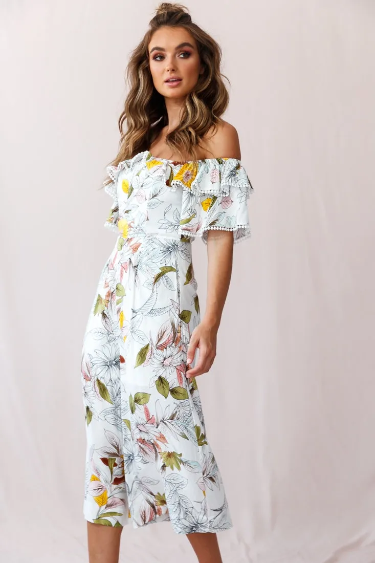 Keeper Off-Shoulder Culotte Jumpsuit Floral Print White