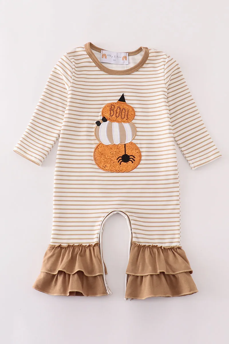 Khaki stripe pumpkin glitter girl romper