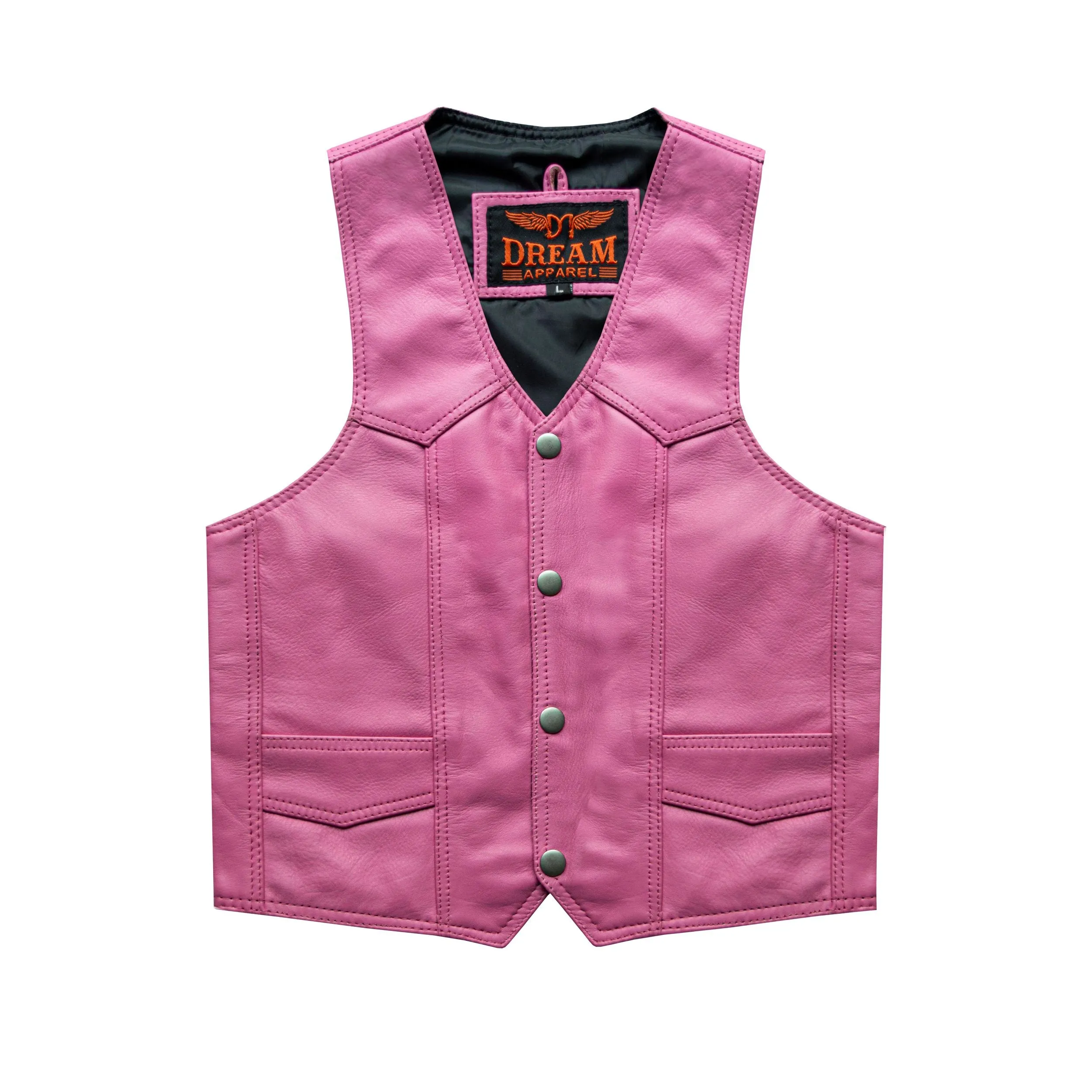 Kids Pink Leather Motorcycle Vest With Button Snap Closure