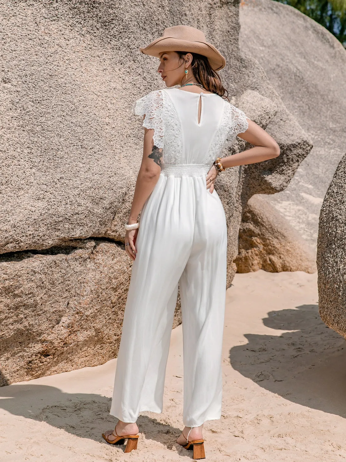 Lace Detail Plunge Cap Sleeve Jumpsuit