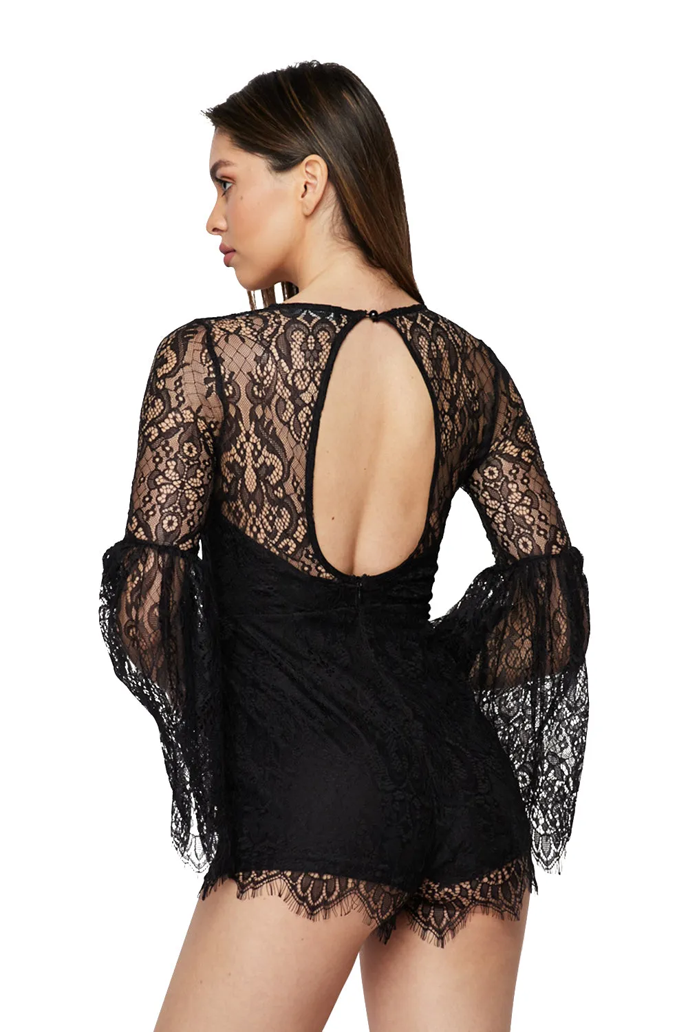 Lace Romper W/long Bell Slvs