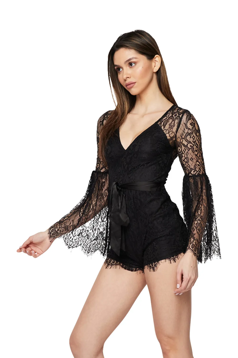 Lace Romper W/long Bell Slvs