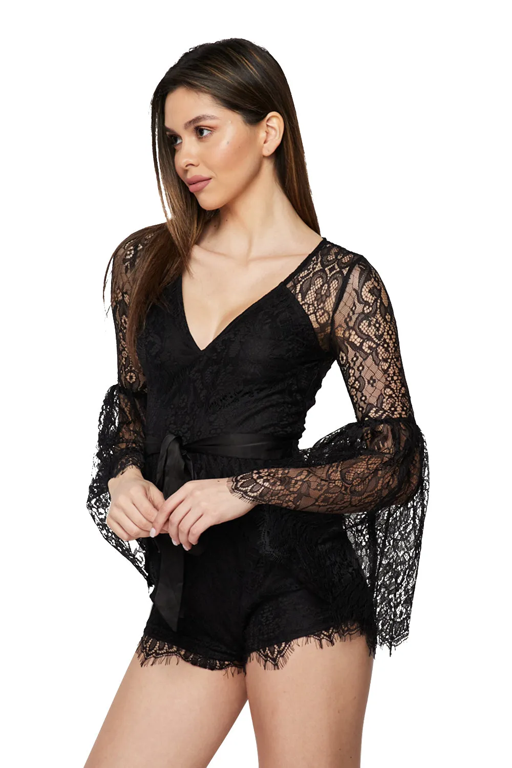 Lace Romper W/long Bell Slvs