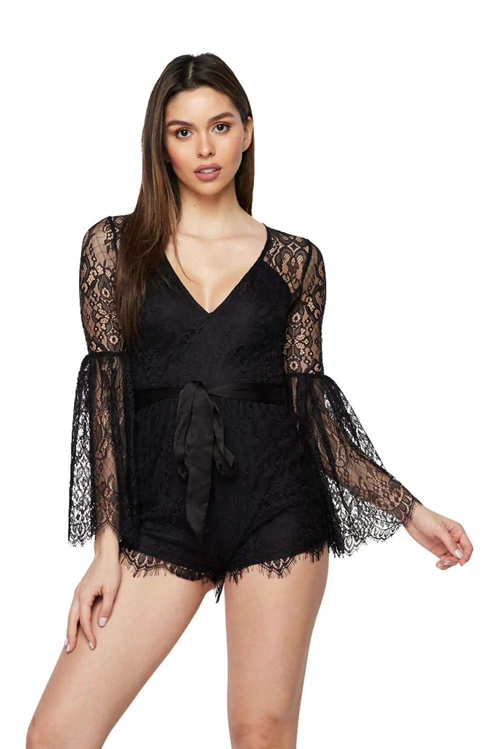 Lace Romper W/long Bell Slvs