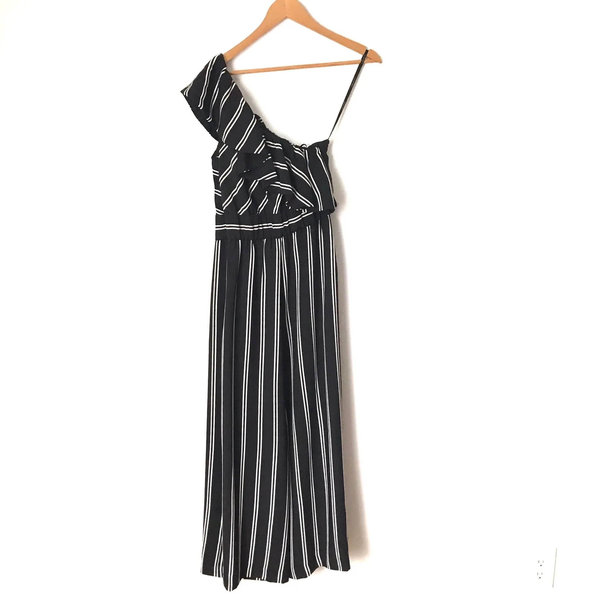 Laundry Black One Shoulder Ruffle Striped Jumpsuit- Size 2