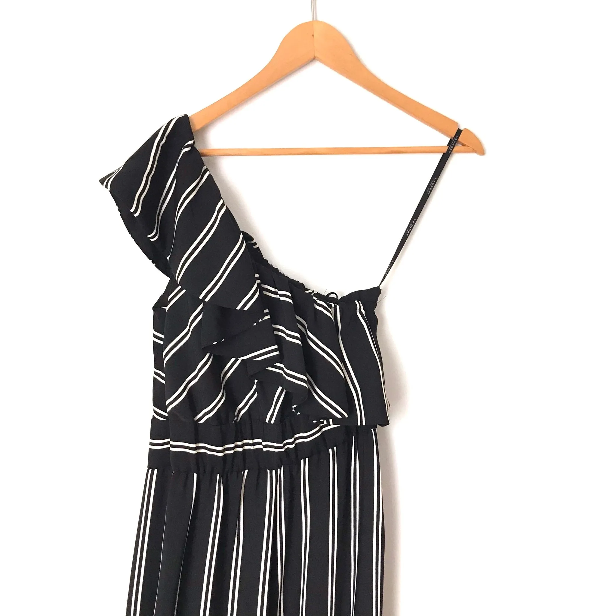 Laundry Black One Shoulder Ruffle Striped Jumpsuit- Size 2