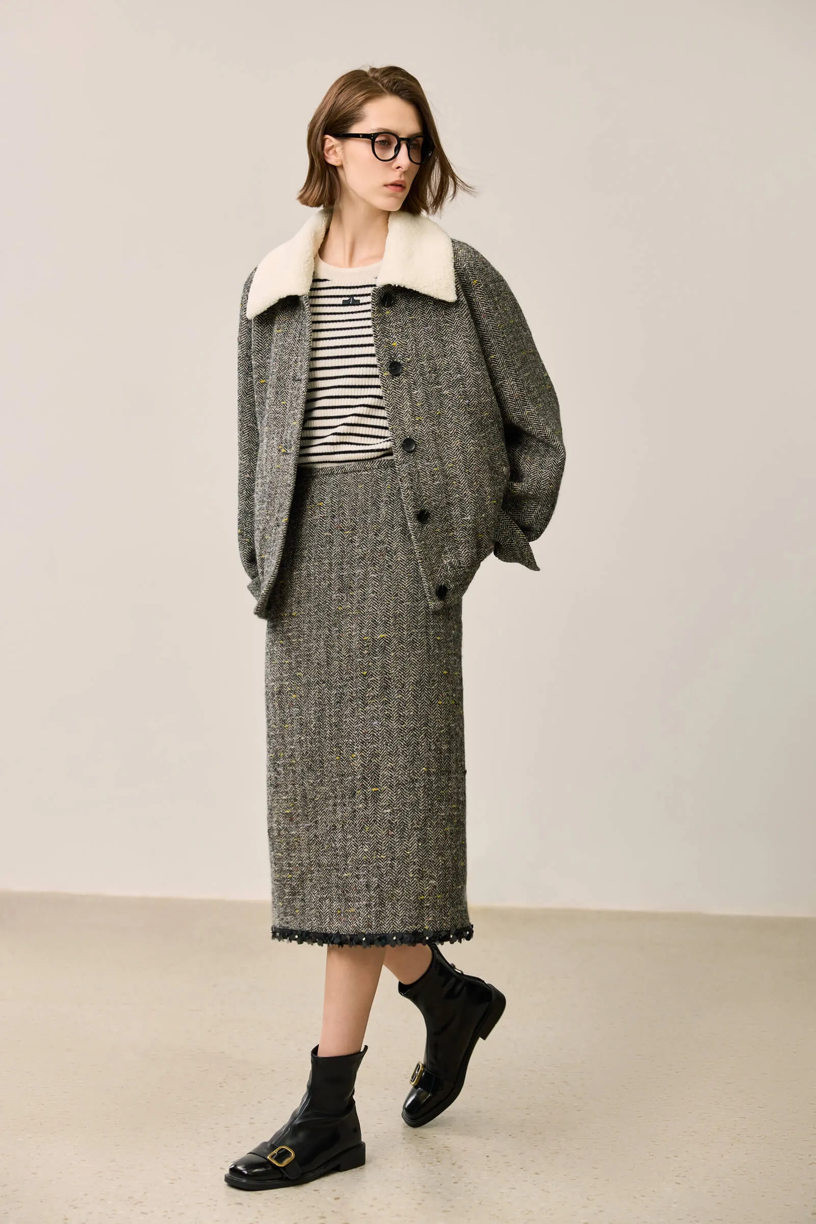 LILY Herringbone Textured Wool Coat