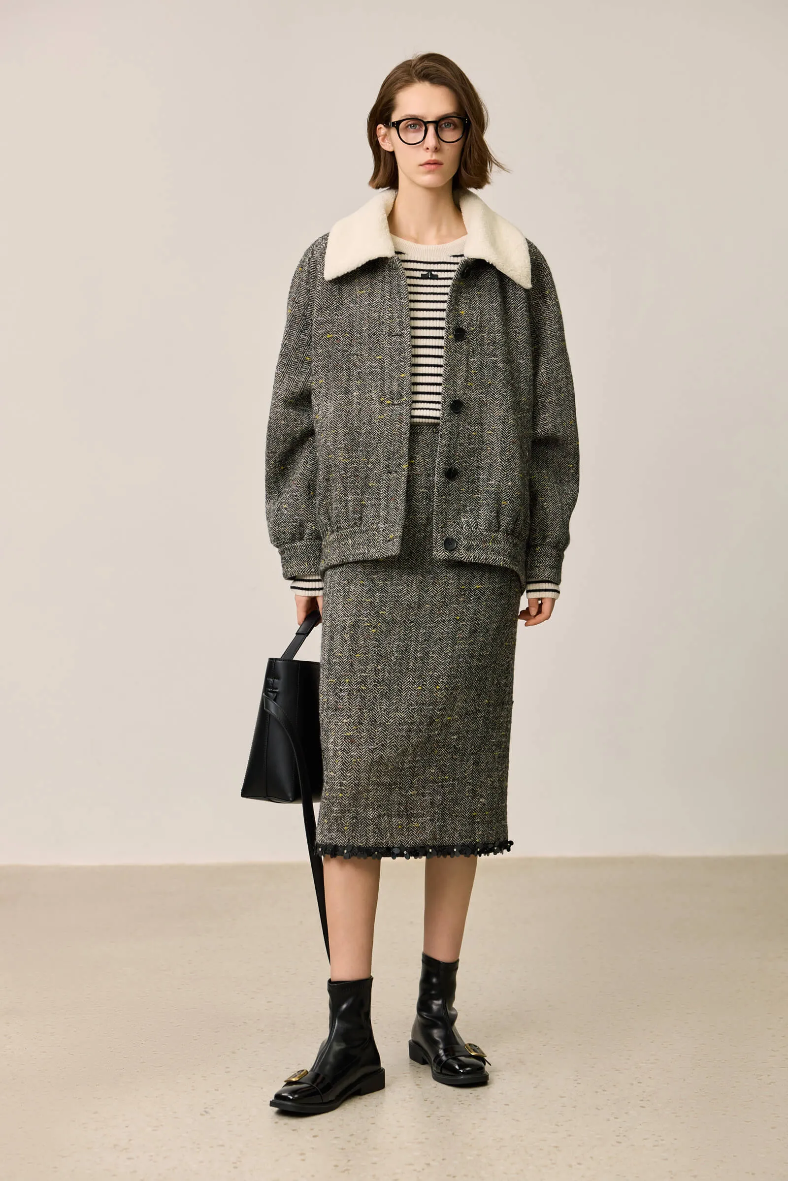 LILY Herringbone Textured Wool Coat