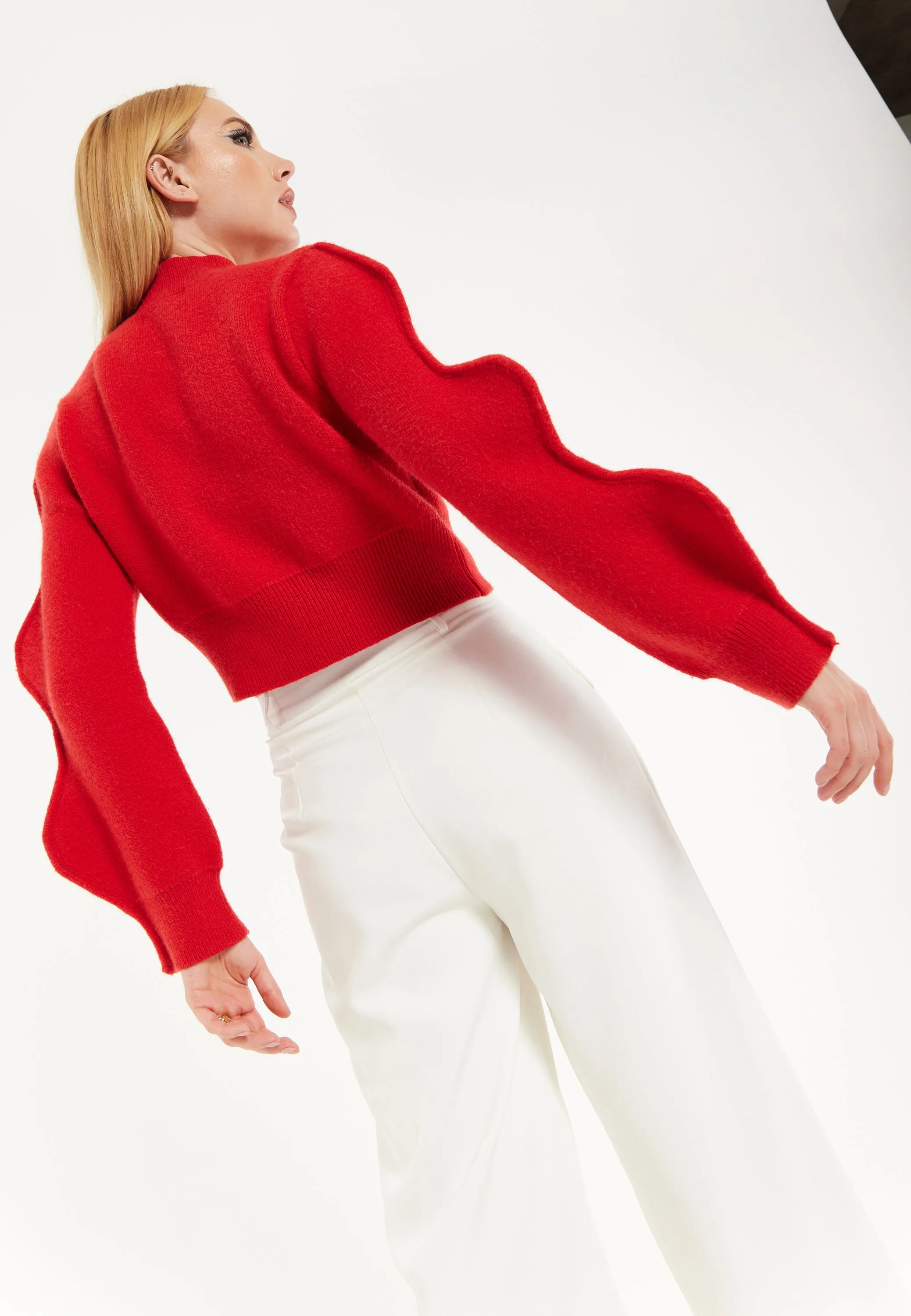 Lip Embroidery Wave Sleeve Jumper In Red