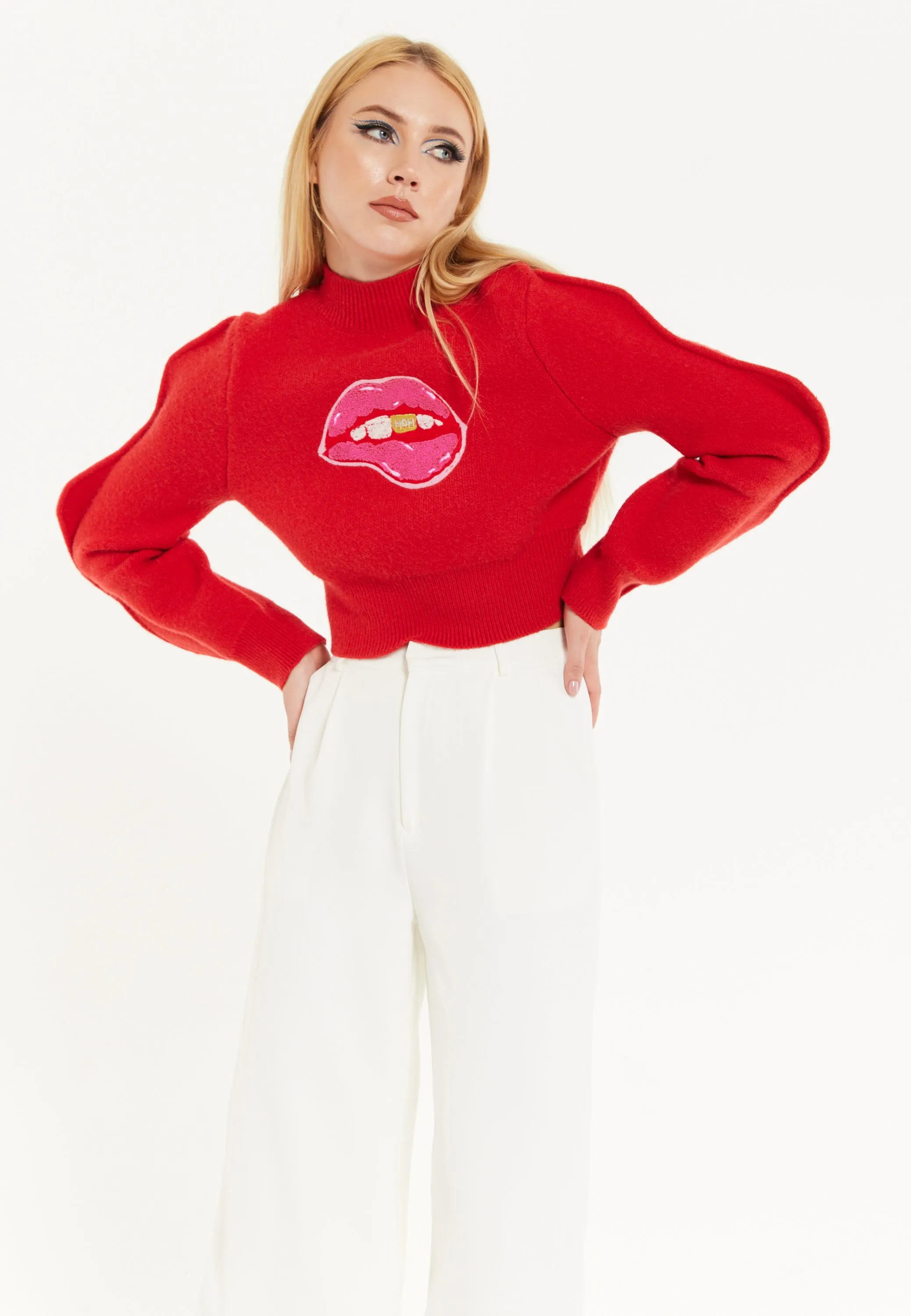 Lip Embroidery Wave Sleeve Jumper In Red