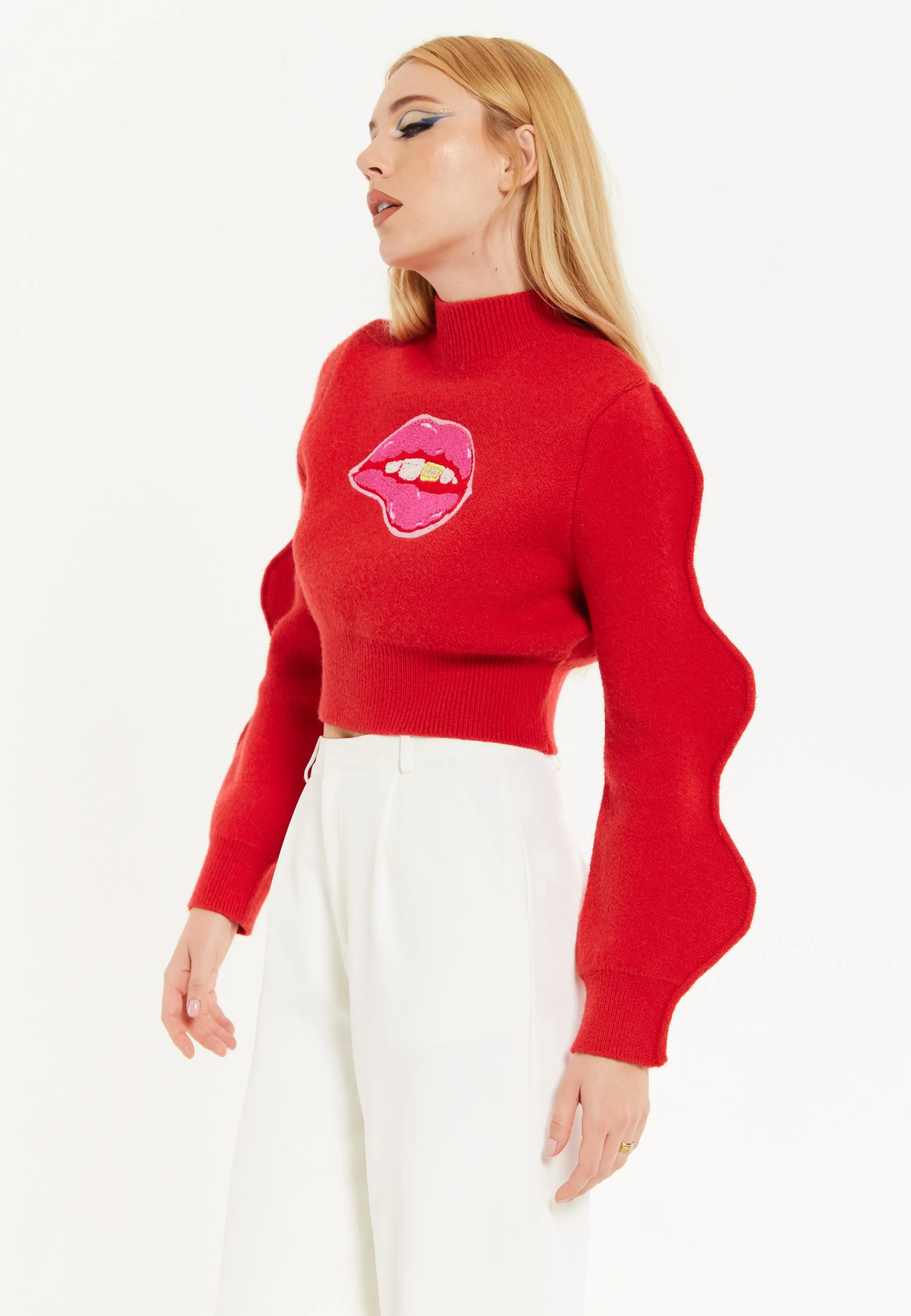 Lip Embroidery Wave Sleeve Jumper In Red