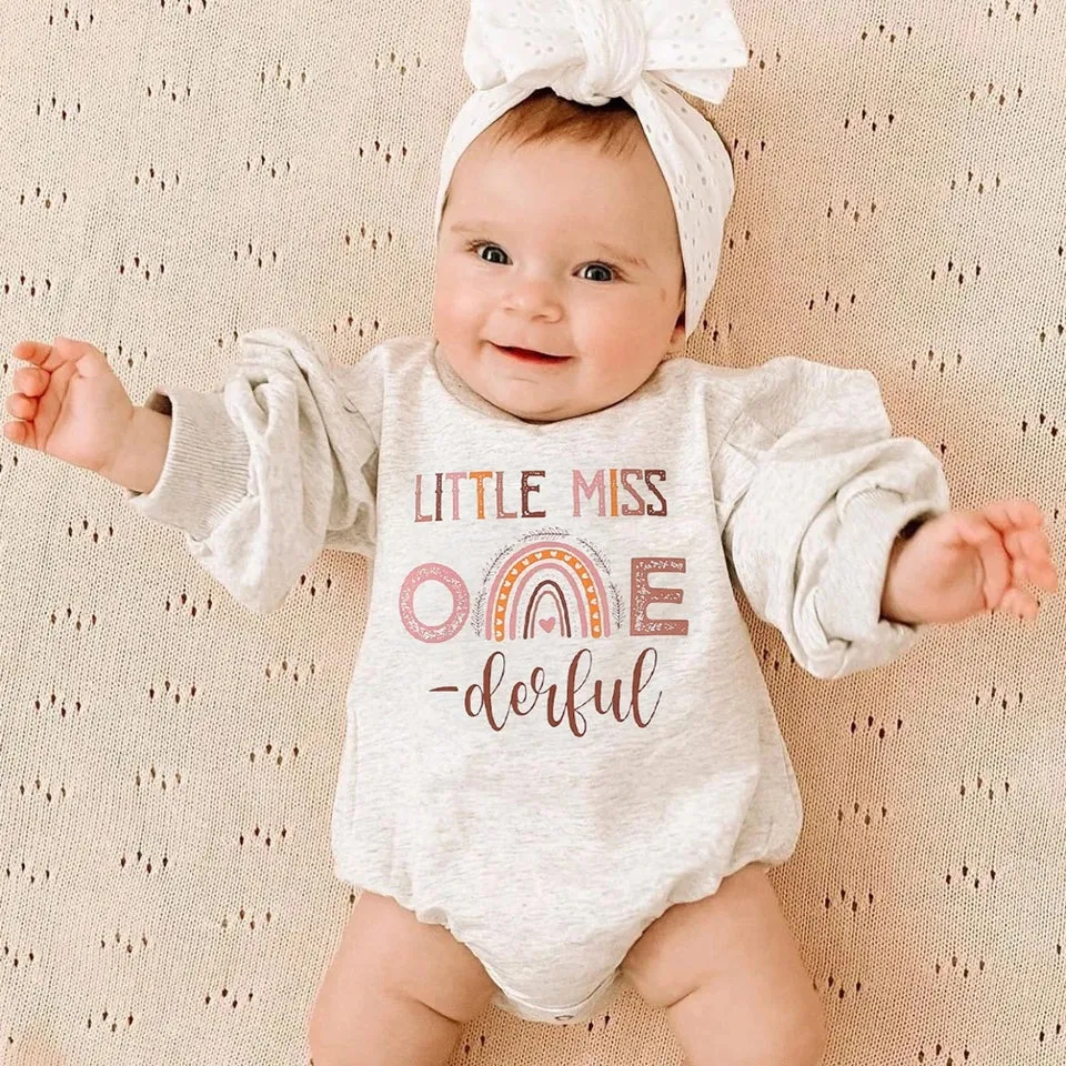 Little Miss One Derful Crewnek Birthday Romper, Cream #100055