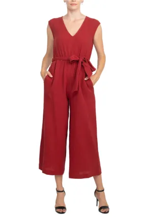 London Times V-Neck Sleeveless Tie Waist Solid Cotton Jumpsuit