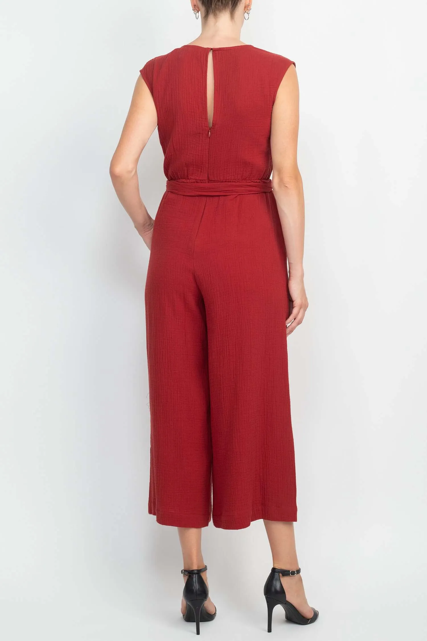 London Times V-Neck Sleeveless Tie Waist Solid Cotton Jumpsuit