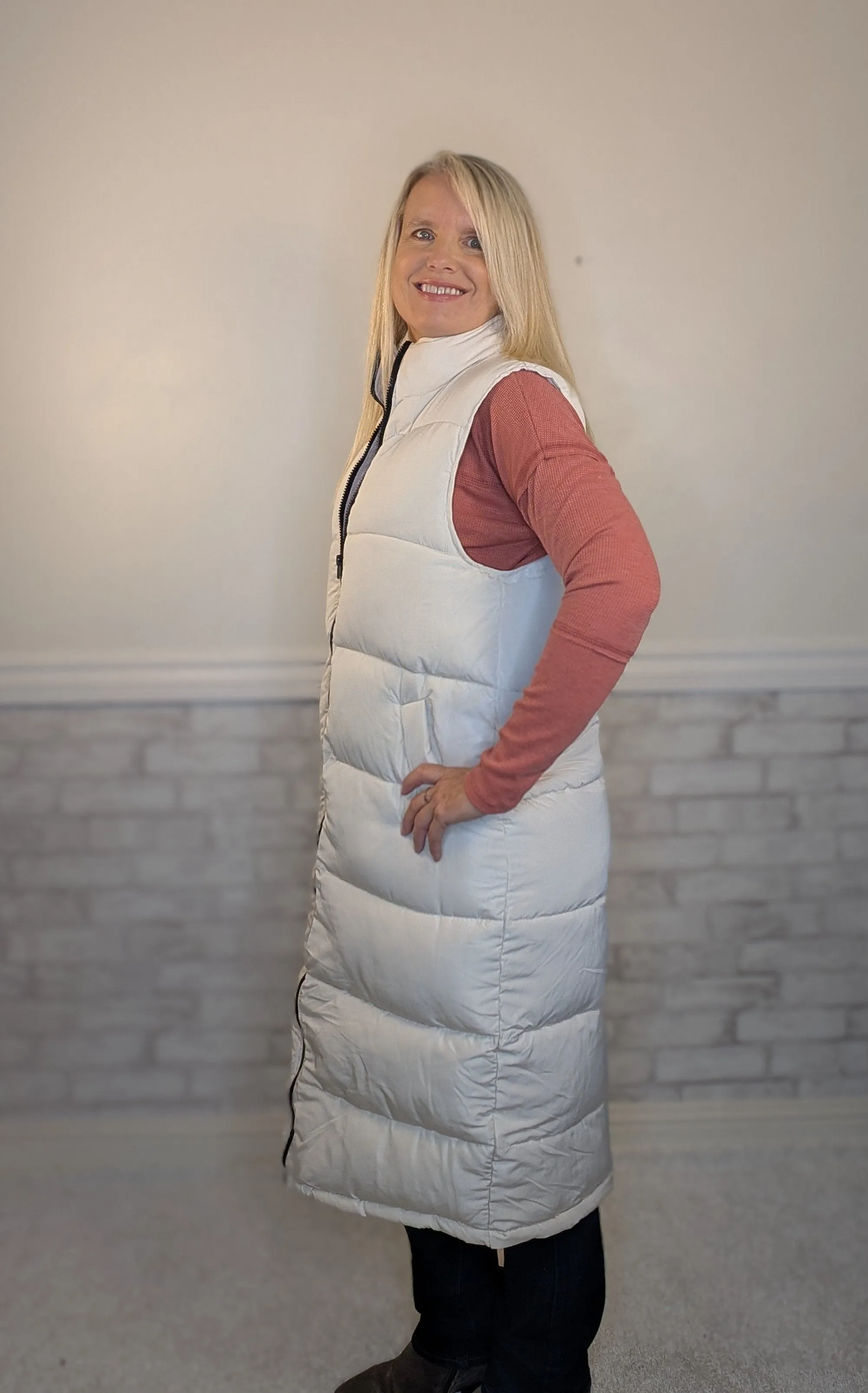 Long Thick Cream Puffer Vest