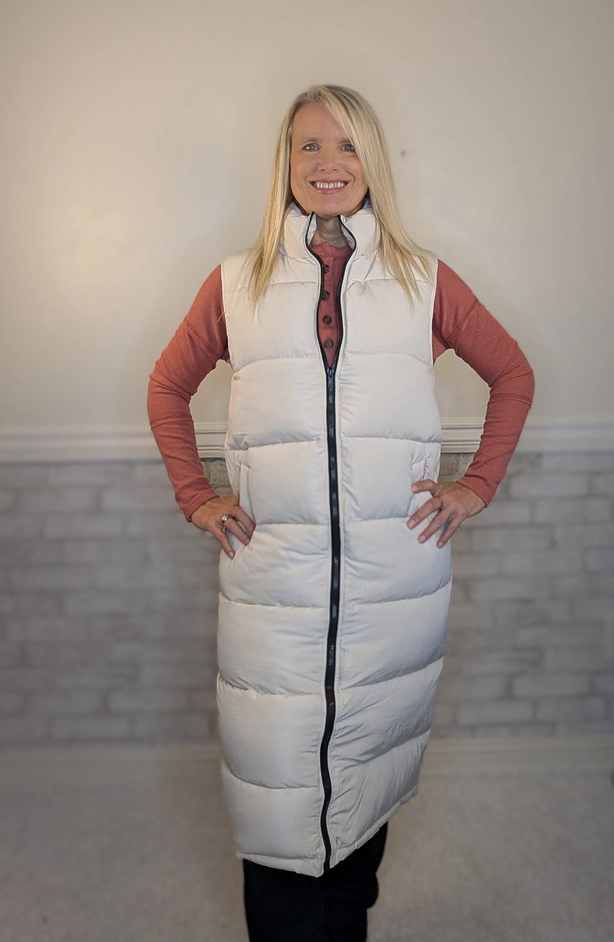 Long Thick Cream Puffer Vest