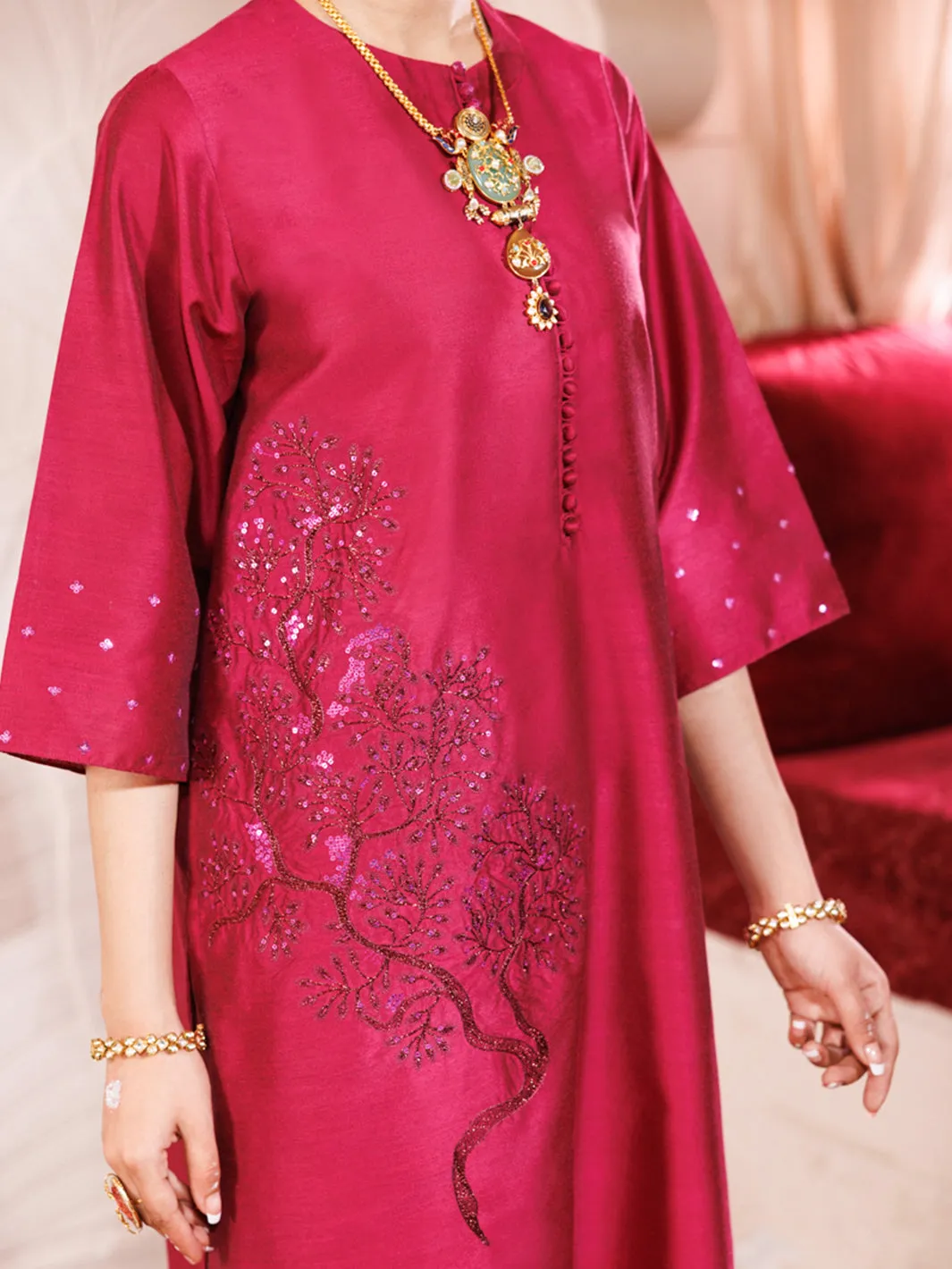 Magenta Raw Silk 2 Piece Stitched - AL-LS-LKS-477