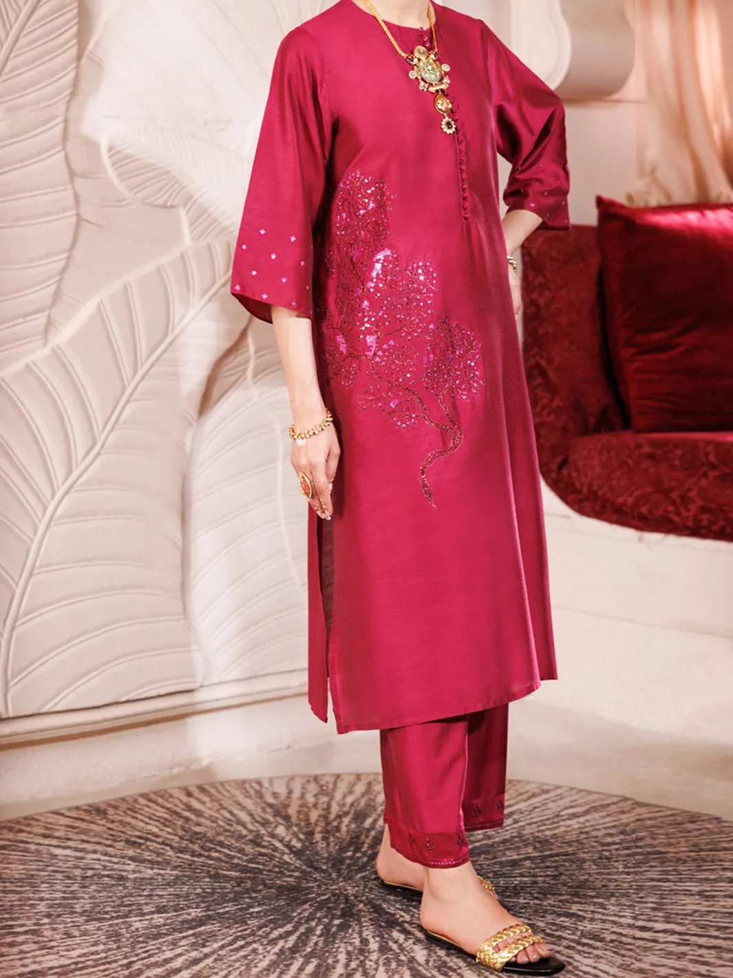 Magenta Raw Silk 2 Piece Stitched - AL-LS-LKS-477